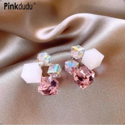 Pinkdudu Vintage Kính Hình Học Khối Zircon Bông Tai Dần Màu Sắc Hợp Thời Trang Thả Bông Tai Nữ Trang Sức PD2264