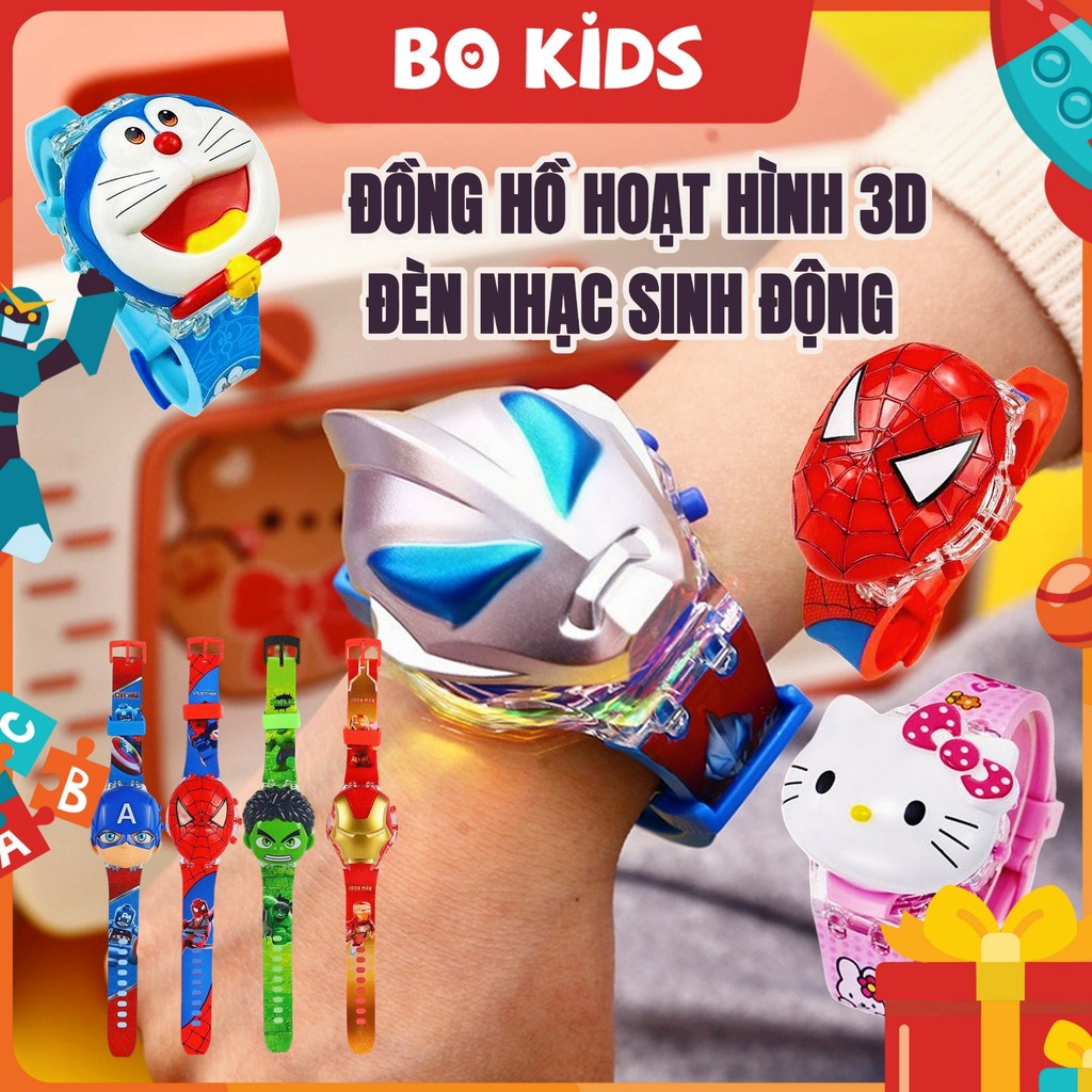 Đồng Hồ Hoạt Hình 3D Đèn Nhạc Sôi Động Labubu,Người Nhện,Hello Kitty,Elsa Phát Sáng Xem Giờ Cho Bé
