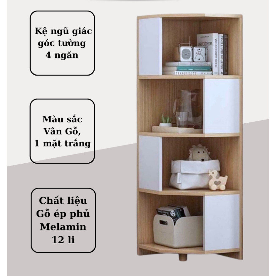 Kệ Gỗ Góc Ngủ Giác 4 Tầng 2 Màu -Kệ Sách Gỗ, Kệ Góc Tường Kệ Gỗ Hình Ngũ Giác 4 Tầng 2 Màu Cực Tiện 