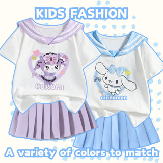 Bộ trang phục bé gái Sanrio Series Kuromi Áo thun nơ 3D dễ thương Cổ áo hải quân Áo váy xếp li cổ điển cho trẻ em Phong cách đại học Bộ 2 món