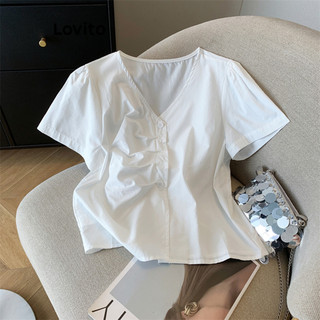Áo kiểu Lovito xếp ly màu trơn thời trang thường ngày cho nữ LNE65323