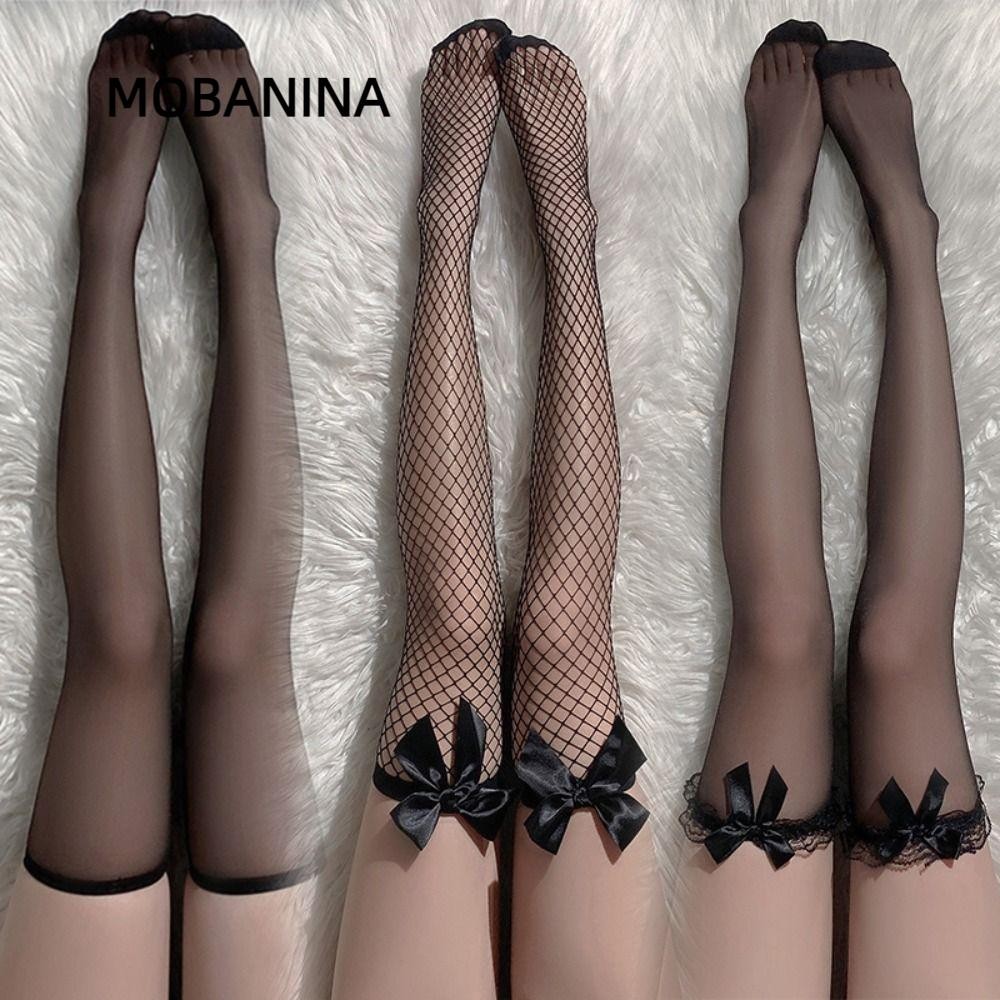 Tất dài đầu gối MOBANINA, Tất nữ nơ trắng đen, Quần Legging lưới ren Gothic Punk Gothic Gothic Gothi