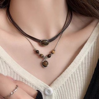 Ahellogirl Da Mắt Hổ Đá Vòng Cổ Nữ Retro Tính Khí Niche Vòng Cổ Xương Đòn Dây Xích Phụ Kiện