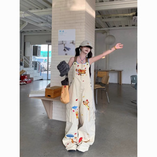 Quần Yếm Denim Nữ Thêu Hoạt Hình Retro Mỹ Ống Rộng Phong Cách Đường Phố Mùa Hè