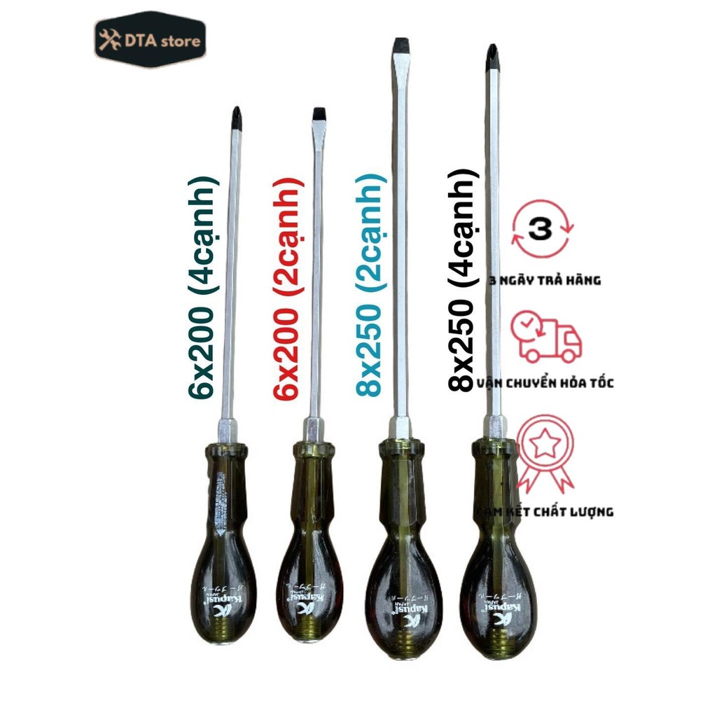 Combo 4 tô vít đóng cán trong bao gồm 6x200 dẹt, 6x200 bake, 8x250 dẹt, 8x250 bake cao cấp