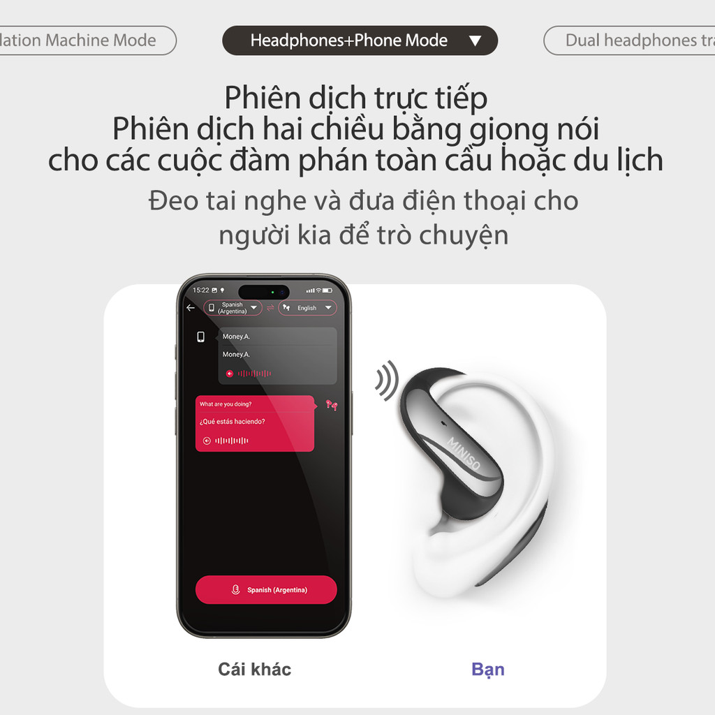 MINISO MS195 AI Tai nghe Bluetooth Tai Nghe Phiên Dịch Tai nghe không dây âm thanh nổi HiFi chống nước mở có Bluetooth 6.0 | BigBuy360 - bigbuy360.vn