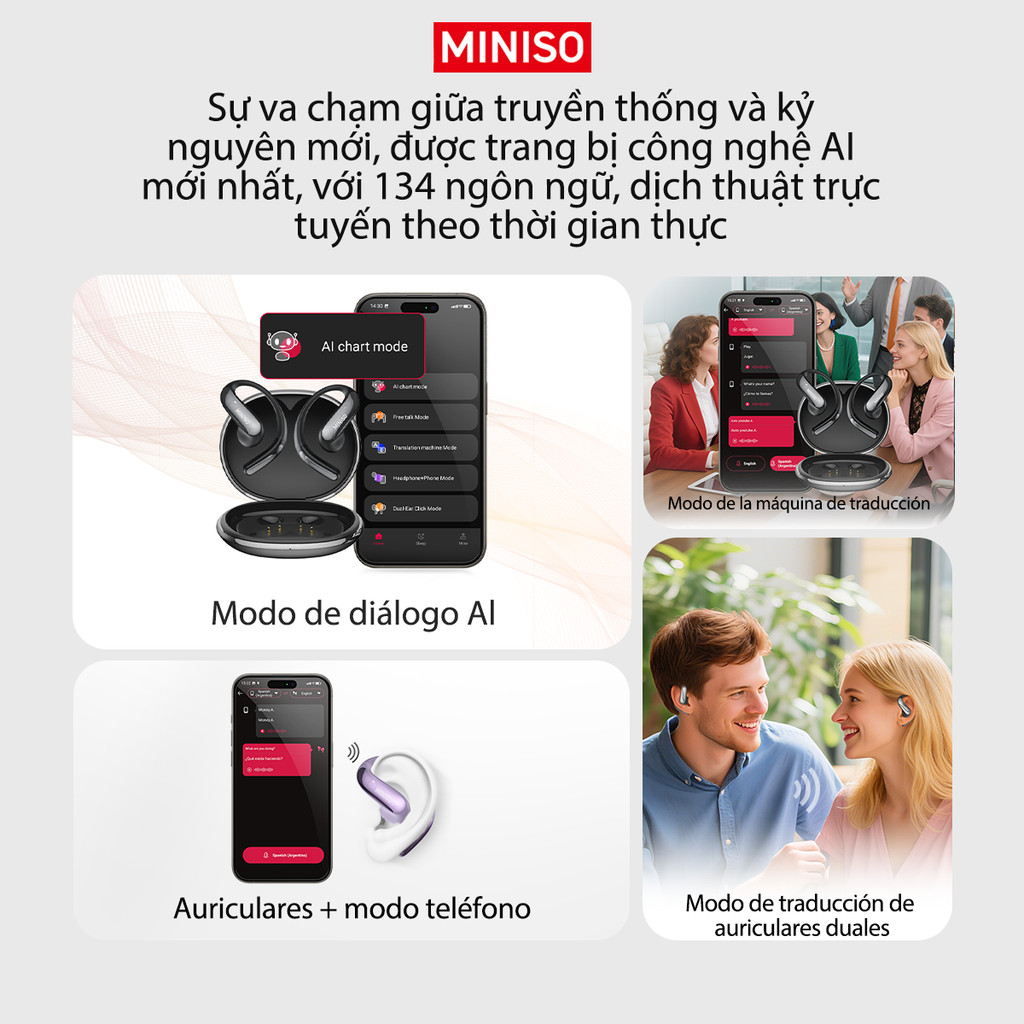 MINISO MS195 AI Tai nghe Bluetooth Tai Nghe Phiên Dịch Tai nghe không dây âm thanh nổi HiFi chống nước mở có Bluetooth 6.0 | BigBuy360 - bigbuy360.vn