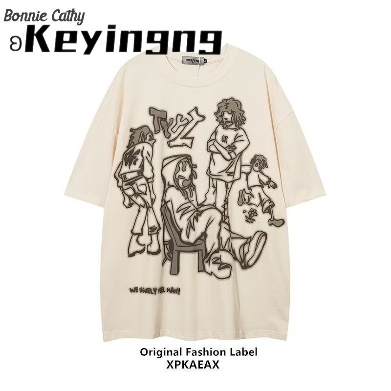 Keyingng Bonnie Cathy American High street oversize tay ngắn nam mùa hè dáng rộng hip hop Áo thun
