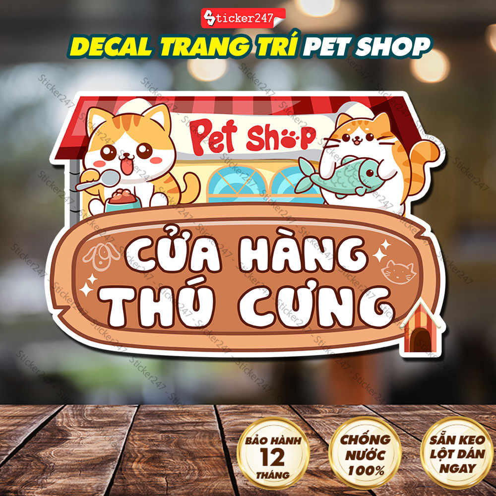 Decal Cửa Hàng Thú Cưng Pet Shop 🍓𝑭𝒓𝒆𝒆𝒔𝒉𝒊𝒑 Hình Dán/Ép Plastic Trang Trí Pet Shop, Thức Ăn Chó Mèo, 