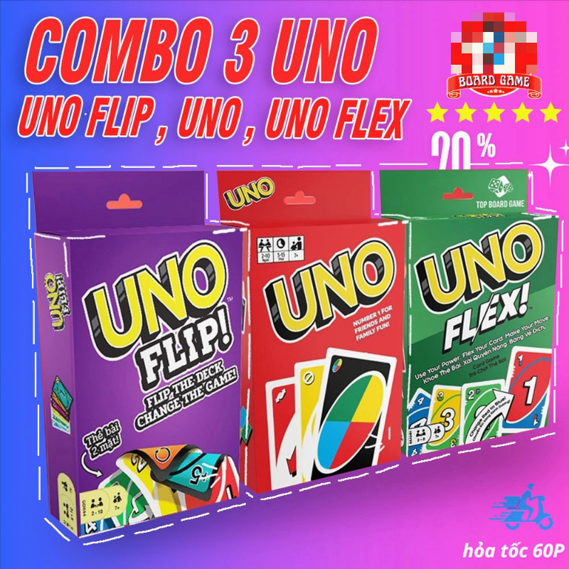 COMBO 3 UNO FLIP, UNO, UNO Flex 330 thẻ bài UNO boardgame vui vẻ cho gia đình và bạn bè  [BOARDGAME 