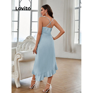 Đầm Lovito thiết kế chéo màu trơn viền xếp nếp phong cách thanh lịch cho nữ LNL50094