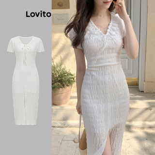 Đầm Lovito phối nơ hai lớp màu trơn phong cách thanh lịch cho nữ L91AD320