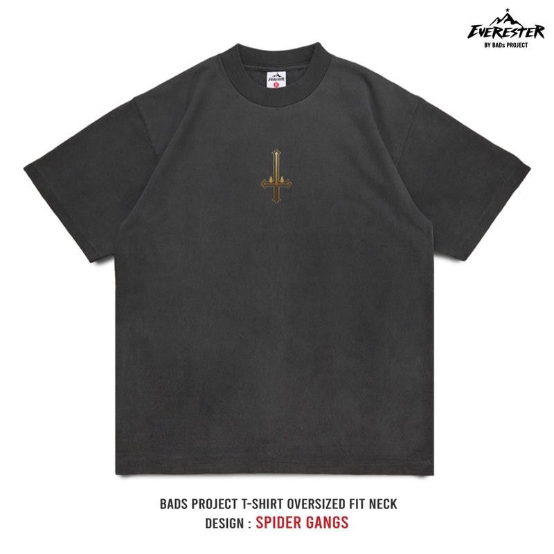 Áo thun EVERESTER Tẩy trắng phai màu xám-Đen nam nặng Cotton Oversize Spider Team Áo sơ mi cổ điển F