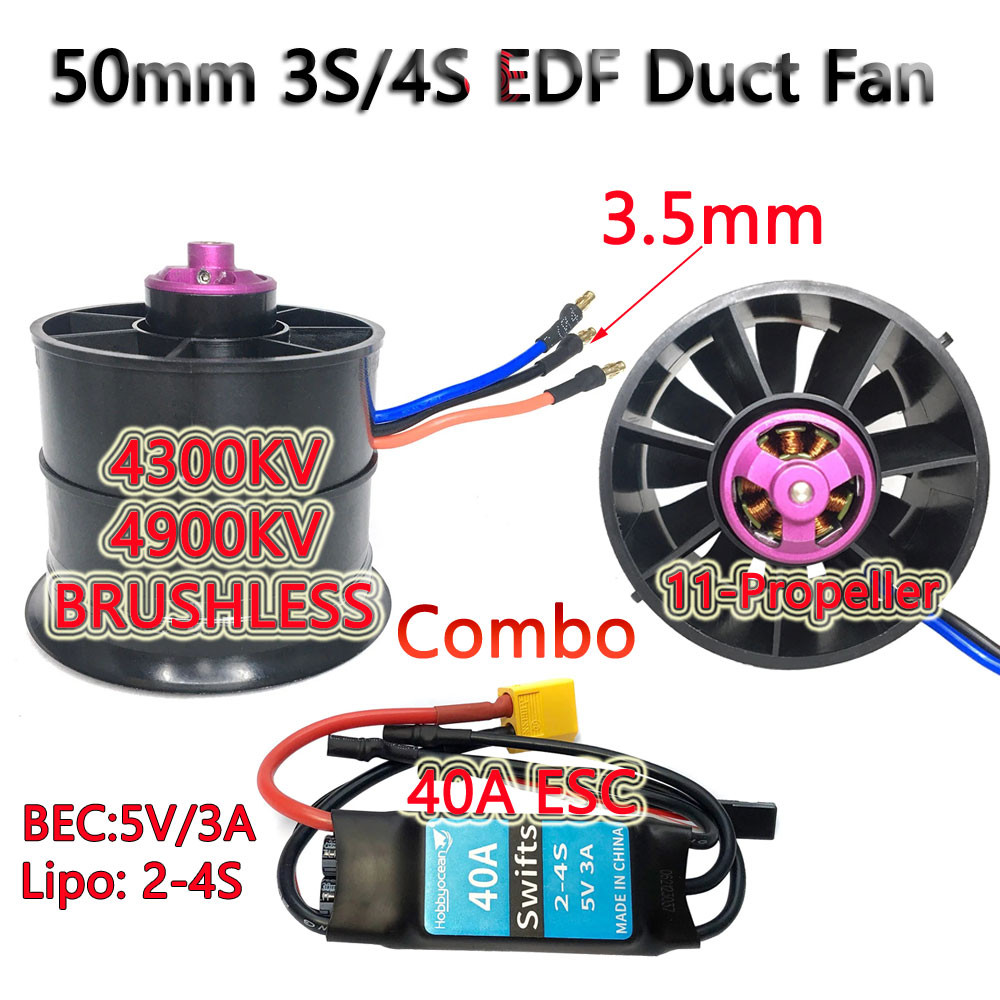 Quạt ống EDF không chổi than Hobbyocean 50mm 3-4S 40A / 50A ESC 4900KV 4300KV 11-Propeller cho động 