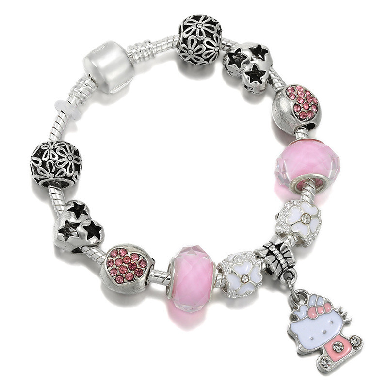 Bạc Vòng Tay Xương Dây Xích Hoạt Hình Kitty with Diamonds & Gemstones