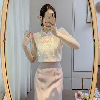 Retro Phong Cách Quốc Gia Đứng Cổ Khóa Thêu Đính Voan Áo Sơ Mi Nữ Mùa Hè Tính Khí Giảm Tuổi Áo Sơ Mi Nhỏ Mới Trung Quốc Top 25.1.16