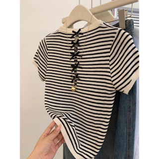 áo len croptop tay ngắn ôm body mùa hè cổ tròn fashion xinh style hàn quốc nơ SALMO áo thun local brand