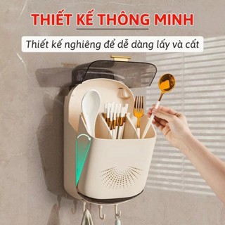 Hộp Đựng Đũa Muỗng Treo Tường Có Khay Đỡ Nước - Ống đựng đũa gắn tường có nắp đậy kèm móc dính chắc chắn
