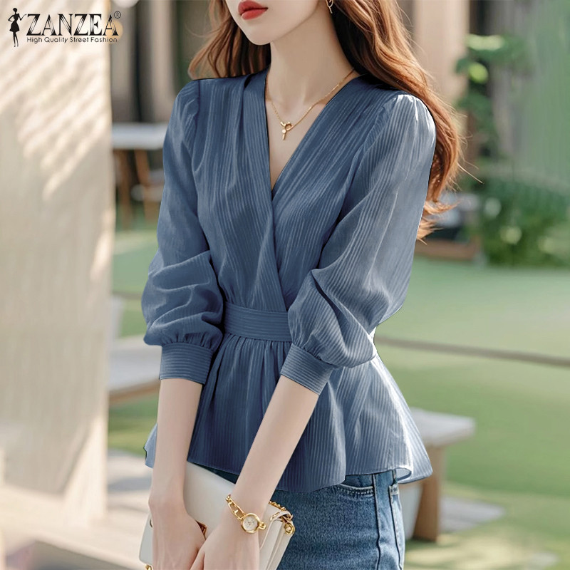 Zanzea Áo sơ mi nữ cổ chữ V thông thường Hàn Quốc có tay áo sọc eo | BigBuy360 - bigbuy360.vn