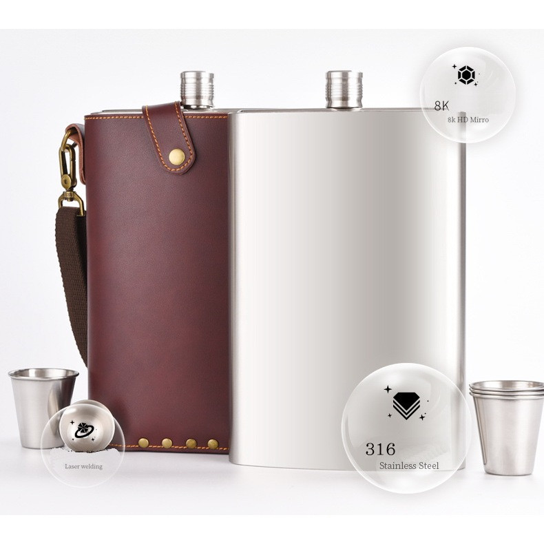 Bình inox đựng rươu, bình đựng rươu inox 316 bao da bò, khóa đồng cao cấp 2,5 lít