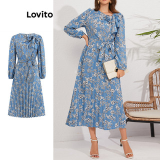 Đầm Lovito họa tiết hoa nhí buộc dây xếp ly phong cách thường ngày cho nữ LNL57201