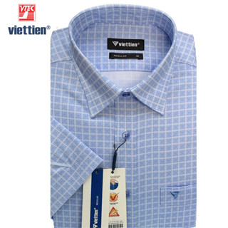 Viettien - Áo sơ mi nam ngắn tay vạt bầu bamboo spun ca rô 1S1997 Form regular