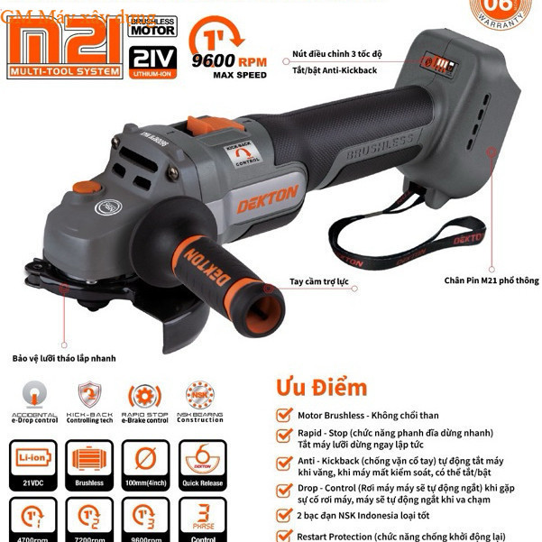 THÂN Máy Mài Sử Dụng Pin Dekton M21-AG9600PRO New GM MÁY XÂY DỰNG