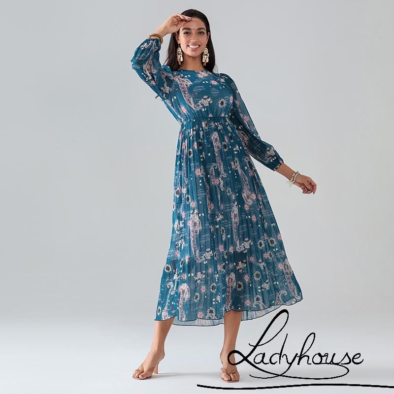 LDD-Nữ Thu Đông Dài Boho Đầm Dài Tay Cổ Tròn Sụn Eo In Hoa Đầm