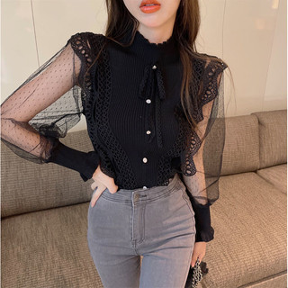 QNOZ Sense of Design  Niche top  2024Spring and Autumn New  French Style High Collar  Slim Knit Stitching  Women's Long-Sleeved Shirt