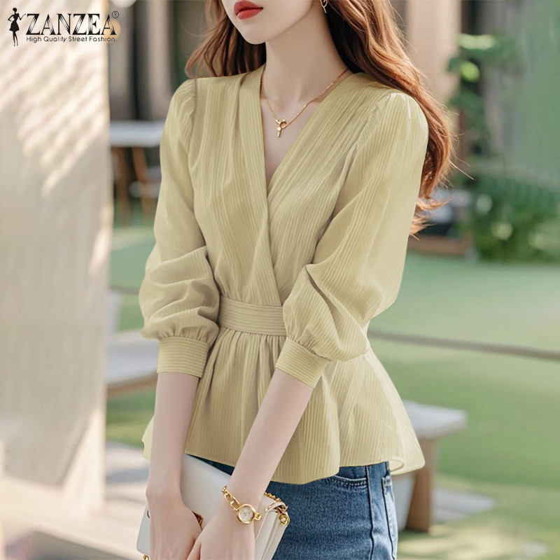 Zanzea Áo sơ mi nữ cổ chữ V thông thường Hàn Quốc có tay áo sọc eo | BigBuy360 - bigbuy360.vn
