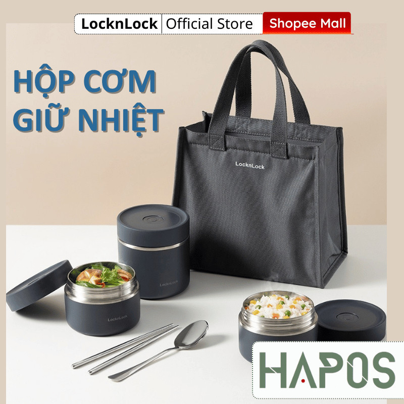 Hộp cơm giữ nhiệt LocknLock 3 ngăn 1.1L Chính hãng, Kèm túi, muỗng đũa, tiện lợi, giữ nhiệt lâu LHC8