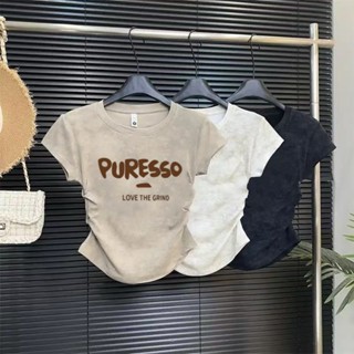 【100% cotton  Áo baby tee Áo Thun ôm body Áo y2k Áo thời trang in chữ Kaki Slim-fit