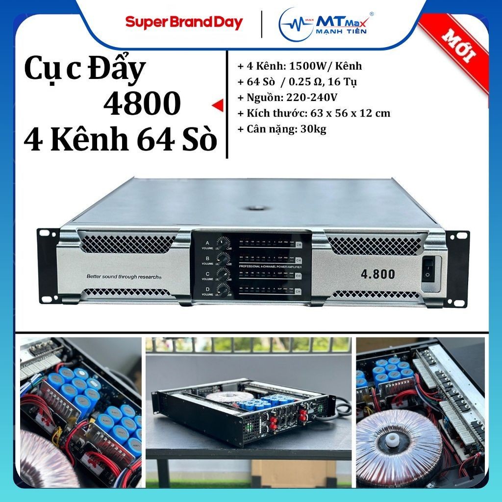 [ HOT]Cục Đẩy  4800 Công Suất Cực Lớn - 4 Kênh Công Suất 1500W Mỗi Kênh 64 Sò 16 Tụ Dùng Được Cho Dà
