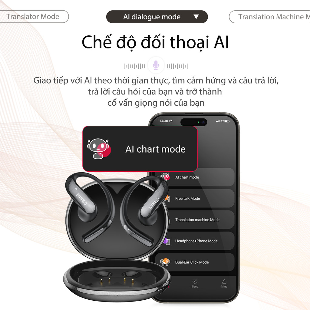 MINISO MS195 AI Tai nghe Bluetooth Tai Nghe Phiên Dịch Tai nghe không dây âm thanh nổi HiFi chống nước mở có Bluetooth 6.0 | BigBuy360 - bigbuy360.vn