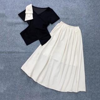 Set Đồ Tiểu Thư Bigsize Nữ Áo Thun Tay Ngắn Xẻ Tà Vải Ruby Kèm Chân Váy Dài Vải Lụa Xoa Mềm SET958