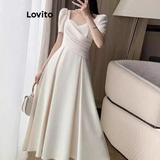 Đầm Lovito xếp ly màu trơn phong cách thanh lịch cho nữ LNE65315