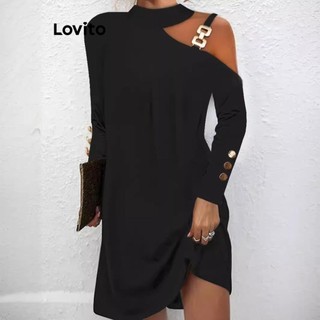 Đầm Lovito hở vai phối nút màu trơn phong cách thường ngày cho nữ LNL54278