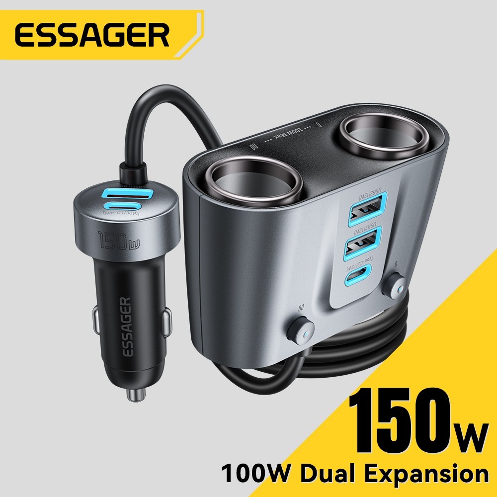 Essager 3 USB-A + 2 Bộ sạc xe hơi cắm Type-C + 2 cổng bật lửa thuốc lá ô tô PD30W Sạc nhanh