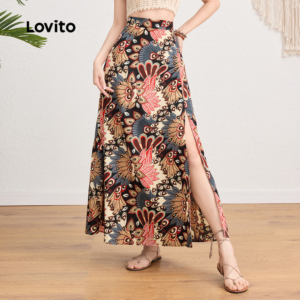 Chân váy nữ Lovito xẻ trước hoạ tiết in bộ lạc Boho L124AD1291