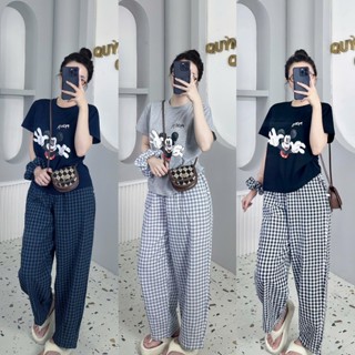 Set  Bộ Nữ Áo Cotton Tici Mix Quần Caro Baggy (KÈM Buộc Tóc) Top Nữ Bigsize (45-80KG) TOP Nữ