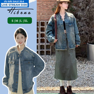 Áo Khoác Jean Nữ Form Rộng, Áo Khoác Retro Bò Demin Nữ Phong Cách Unisex Túi Hộp A01 Màu Xanh Hibena