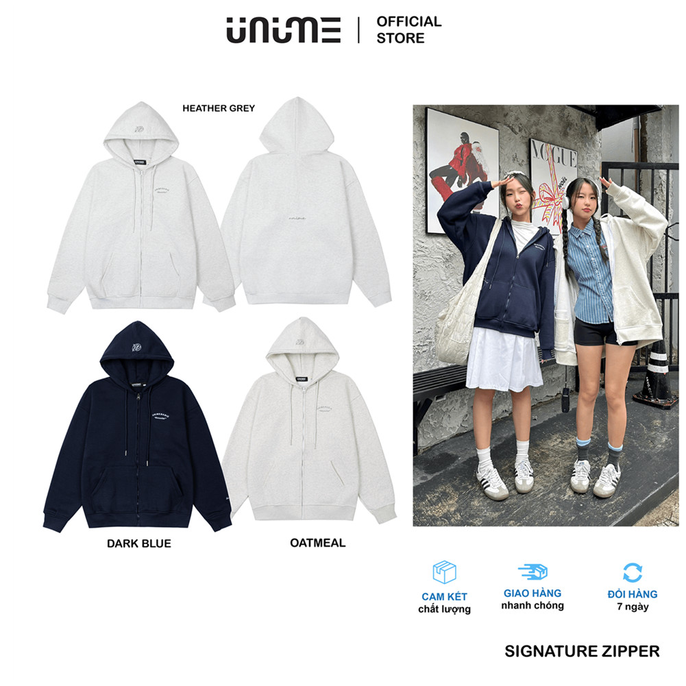 2025 - Unime Áo khoác hoodie zip form rộng Signature Zipper