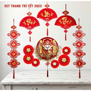  SÉT DECOR TREO TRANG TRÍ TẾT   KHÁNH VUÔNG TREO TƯỜNG TẾT PHÚC LỘC THỌ SÉT QUẠT THẦN TÀI LẮC ĐẦU 
