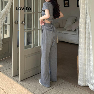 Set quần Lovito màu trơn có dây rút họa tiết thêu phong cách thường ngày cho nữ LNE65292