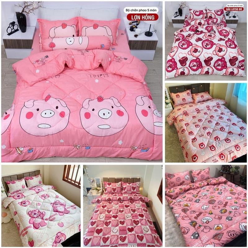 Bộ 5 món ga gối và chăn phao poly cotton chần bông dày mềm êm có ruột bông được chọn mẫu