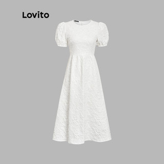 Đầm LOVITO tay phồng cổ tròn dáng chữ A họa tiết hoa thanh lịch cho nữ L45LD060 (màu trắng)