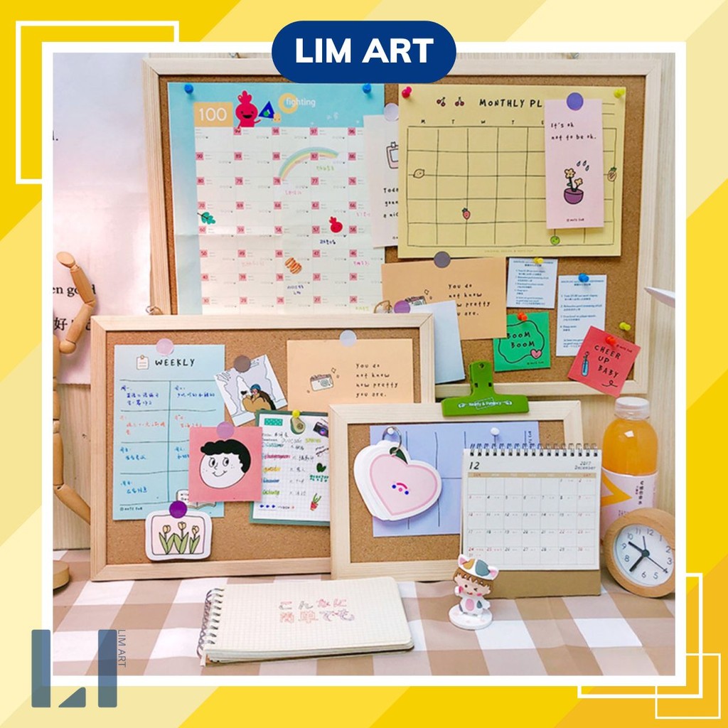 Bảng ghim gỗ bần tặng kèm sticker, ghim, dây, móc treo, đinh. Bảng ghim giấy note, tranh ảnh, postca