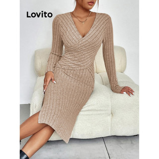 Đầm Lovito vải xếp chéo màu trơn xẻ tà trước thời trang thường ngày cho nữ LNL61076