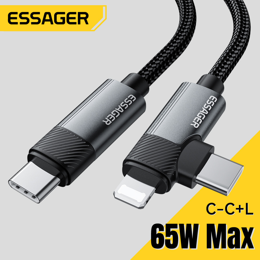 Essager 65W Loại C Sang L + C Cáp Sạc Nhanh 2 Trong 1 Cho ip 5 ~ 16 Huawei Xiaomi