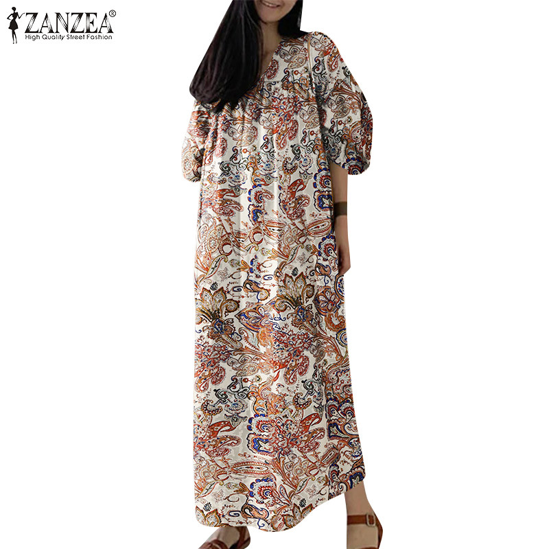 ZANZEA Váy nữ boho cổ chữ V tay 3/4 họa tiết đèn lồng style vintage Hàn Quốc
